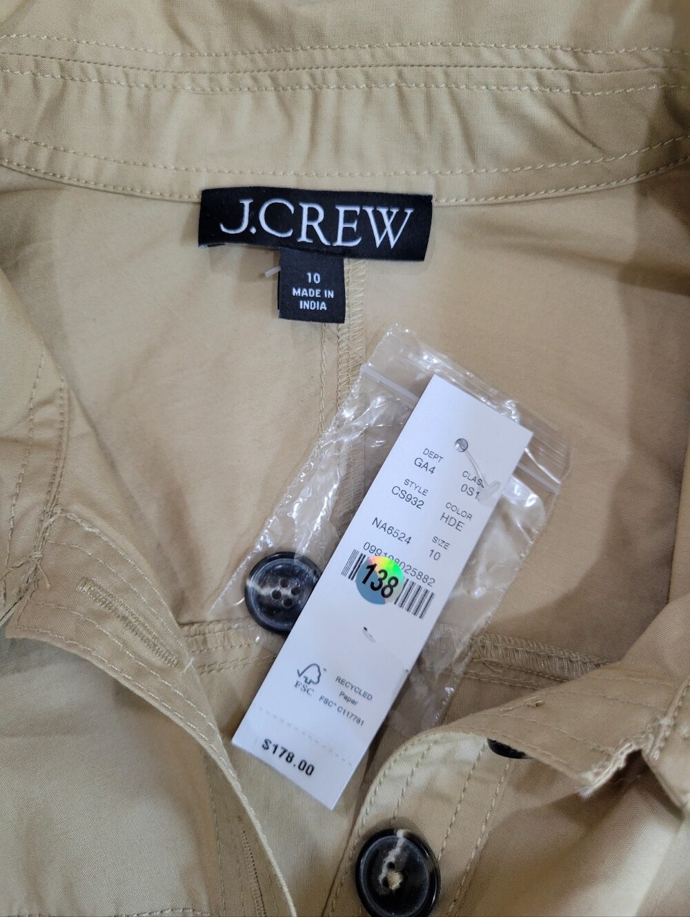 J Crew Trench shirt-dress in cotton poplin CS932 Size 10 NEW Tan - Picture 8 of 9